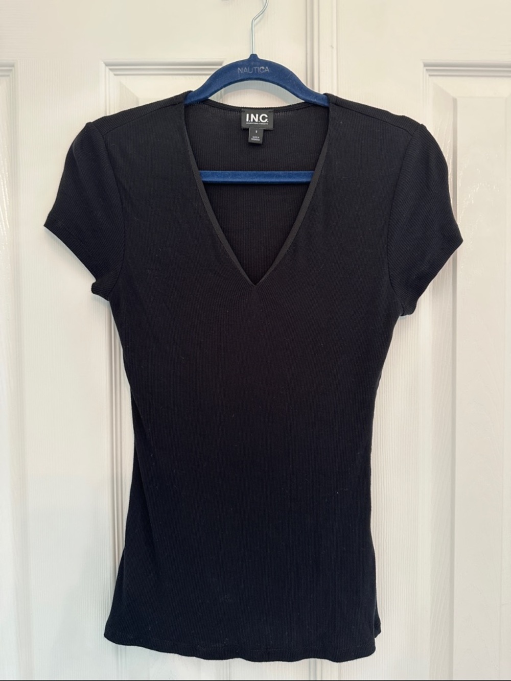 INC International Concepts Black Ribbed V-Neck Short Sleeve Top